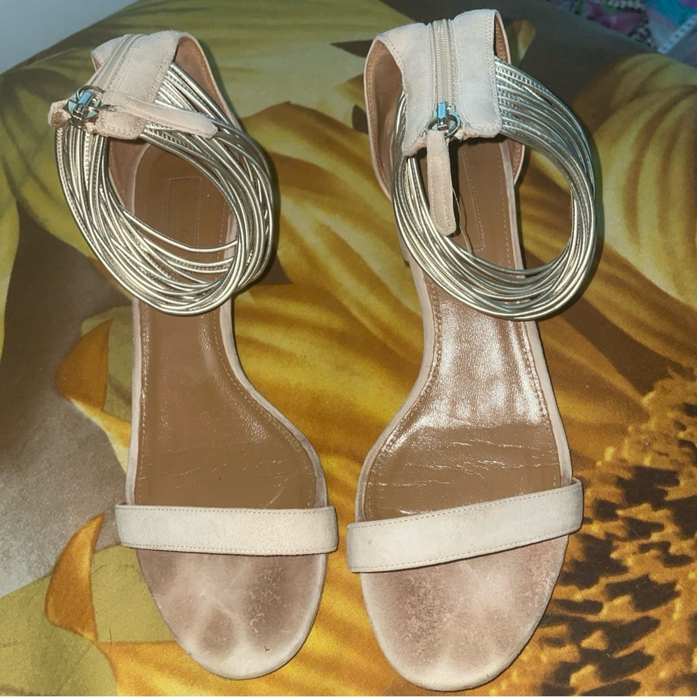 AQUAZZURA Firenze Tan Suede Sandals Gold Strappy Ankle Cuff Block heel 39 / 8.5